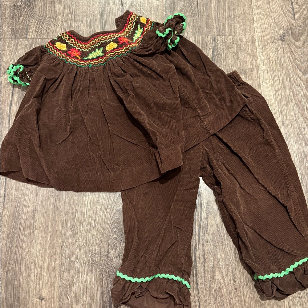 Kids Brown and Green Fall Smocked Matching Set